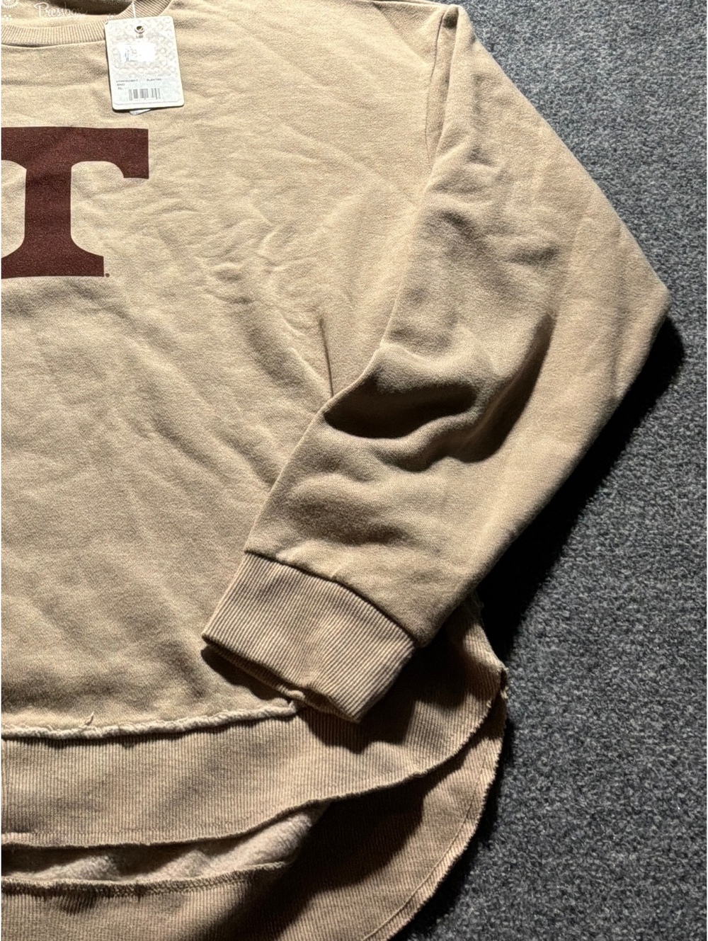 Beige Long Sleeve Women’s Sweatshirt with 'T' Print and Raw Hem - Picture 3 of 8